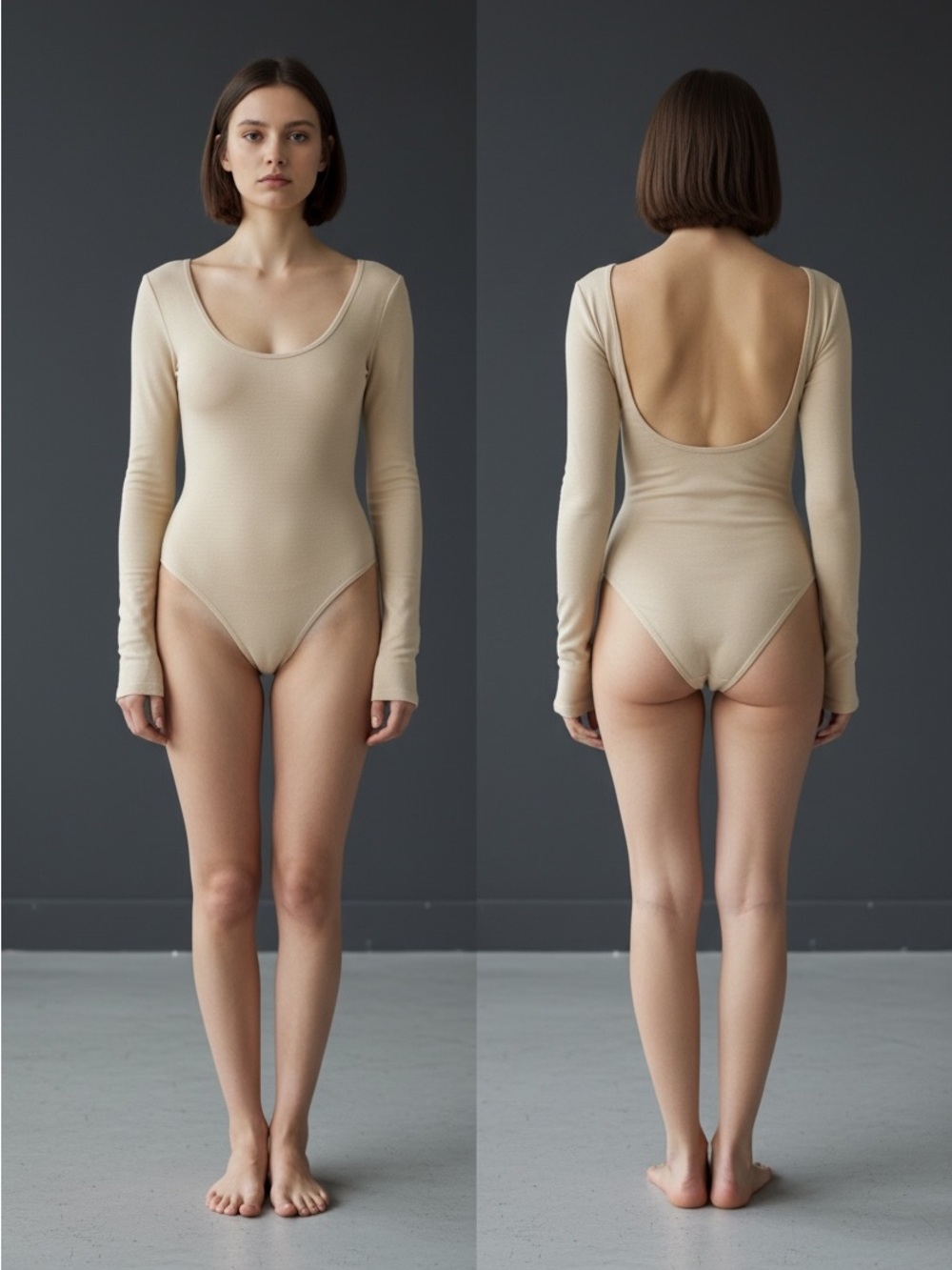 Long-Sleeve Scoop Back Bodysuit – Beige - One Size Fits Most